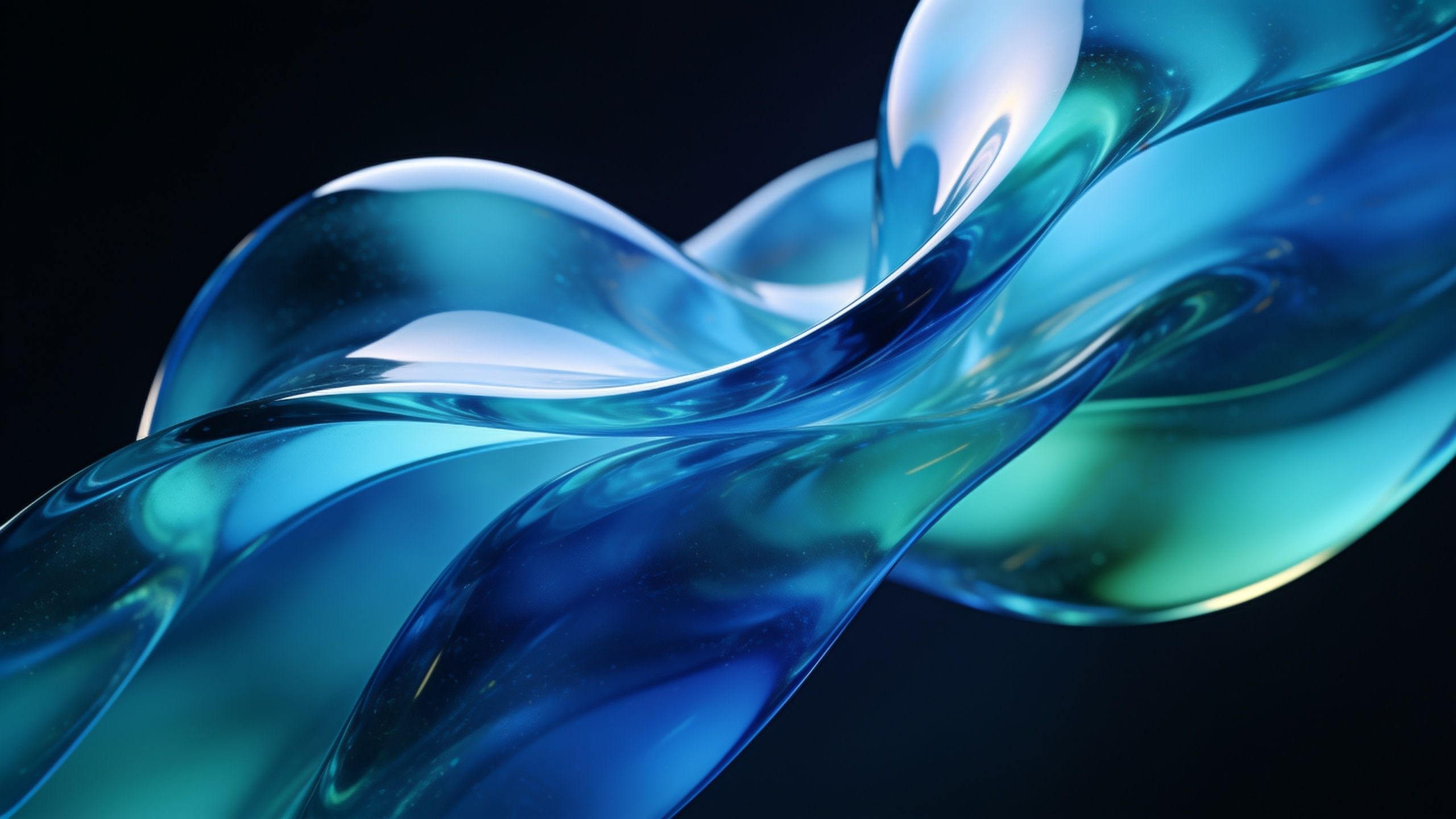 A dynamic swirl of glossy blue hues intertwines gracefully against a dark background, creating an elegant and serene abstract composition that evokes a sense of fluidity and calm.