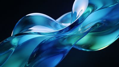 A dynamic swirl of glossy blue hues intertwines gracefully against a dark background, creating an elegant and serene abstract composition that evokes a sense of fluidity and calm.