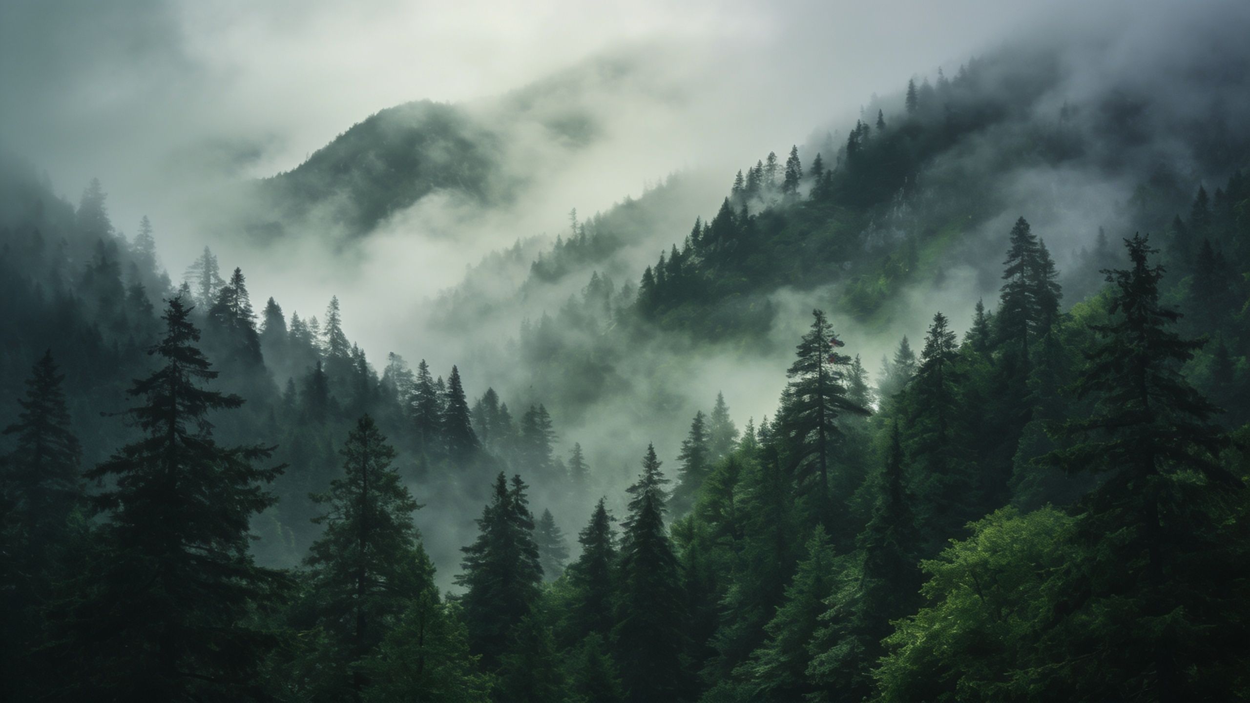 A serene mountain forest shrouded in mist, with layers of evergreen trees fading into the fog, creating a tranquil and mysterious atmosphere.