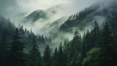 A serene mountain forest shrouded in mist, with layers of evergreen trees fading into the fog, creating a tranquil and mysterious atmosphere.