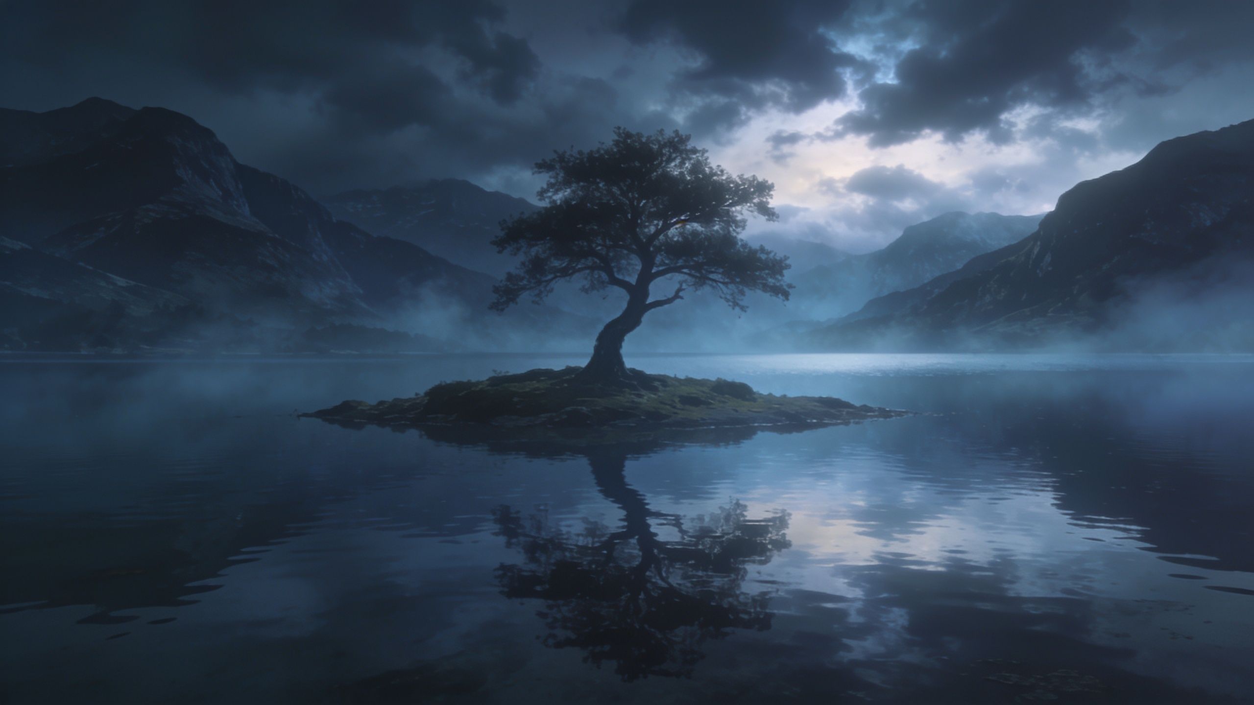 A solitary tree stands on a small island in the middle of a misty mountain lake, surrounded by dark, looming mountains under a cloudy, twilight sky, creating a serene and mysterious atmosphere.