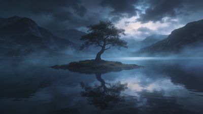 A solitary tree stands on a small island in the middle of a misty mountain lake, surrounded by dark, looming mountains under a cloudy, twilight sky, creating a serene and mysterious atmosphere.
