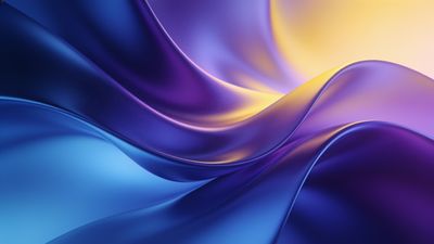 A vibrant abstract wallpaper featuring smooth, flowing waves in shades of blue and purple, with hints of yellow light creating a dynamic and calming atmosphere. The soft gradients and fluid motion evoke a sense of serenity and movement.