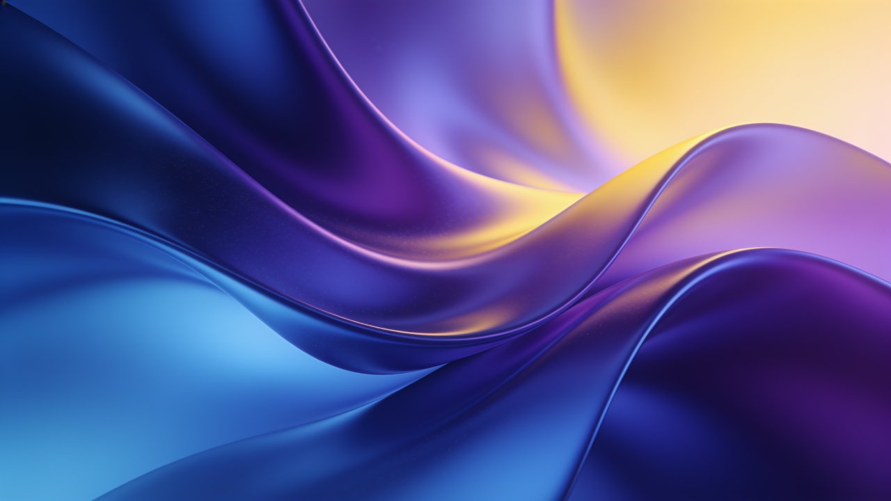A vibrant abstract wallpaper featuring smooth, flowing waves in shades of blue and purple, with hints of yellow light creating a dynamic and calming atmosphere. The soft gradients and fluid motion evoke a sense of serenity and movement.