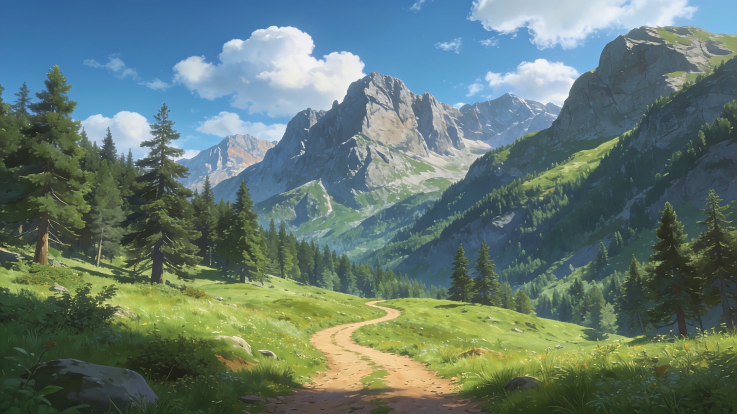 A winding dirt path meanders through a lush green valley, flanked by tall pine trees and leading towards majestic, sunlit mountains under a bright blue sky with fluffy clouds, creating a tranquil and inviting summer atmosphere.