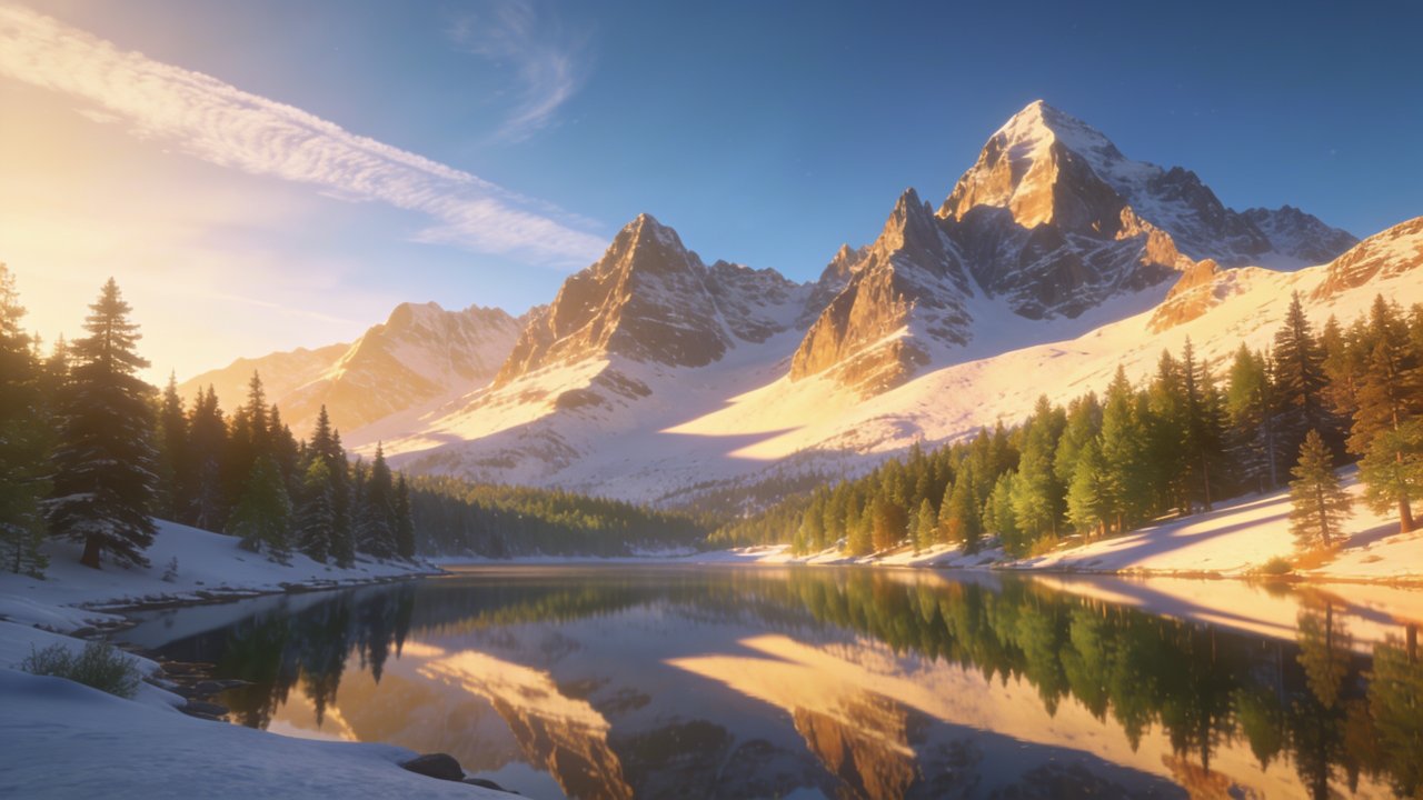 A tranquil mountain lake reflects the snow-capped peaks and surrounding evergreen trees at sunrise, with warm golden light casting a serene glow over the scene.