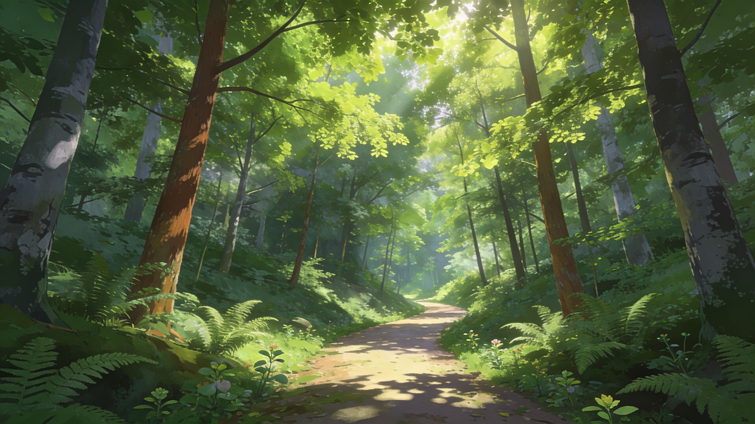 A sun-dappled forest pathway winds through lush greenery, with sunlight filtering through the canopy, creating a tranquil and inviting atmosphere.