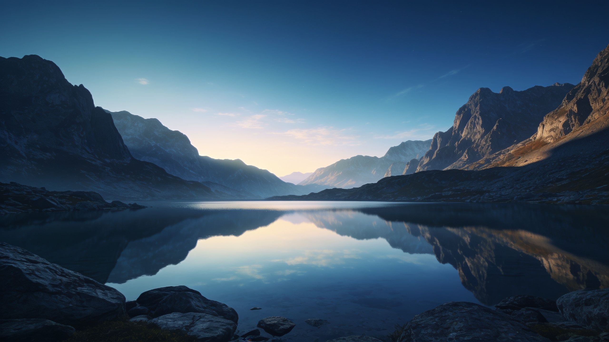 A tranquil mountain lake is depicted at dawn, with calm waters reflecting the surrounding rugged peaks and a soft, pastel sky, creating a serene and peaceful atmosphere.