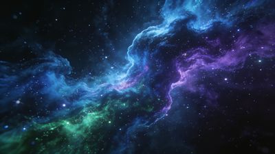 A vibrant cosmic nebula swirls through deep space, featuring rich hues of blue, purple, and green against a backdrop of countless stars, creating a mystical and awe-inspiring atmosphere.