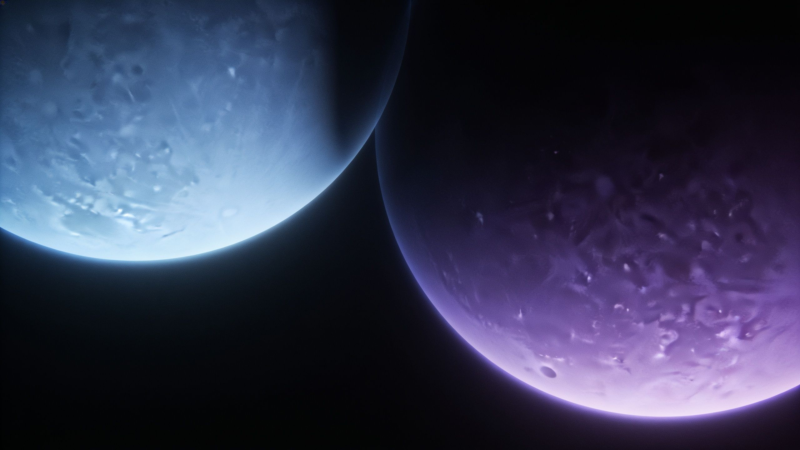 Two planets, one glowing blue and the other purple, float against a dark cosmic backdrop, creating a mystical and serene atmosphere.