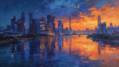 A vibrant cityscape is depicted at sunset, with skyscrapers silhouetted against a fiery orange and blue sky, their reflections shimmering on a calm river, creating a serene and colorful atmosphere.