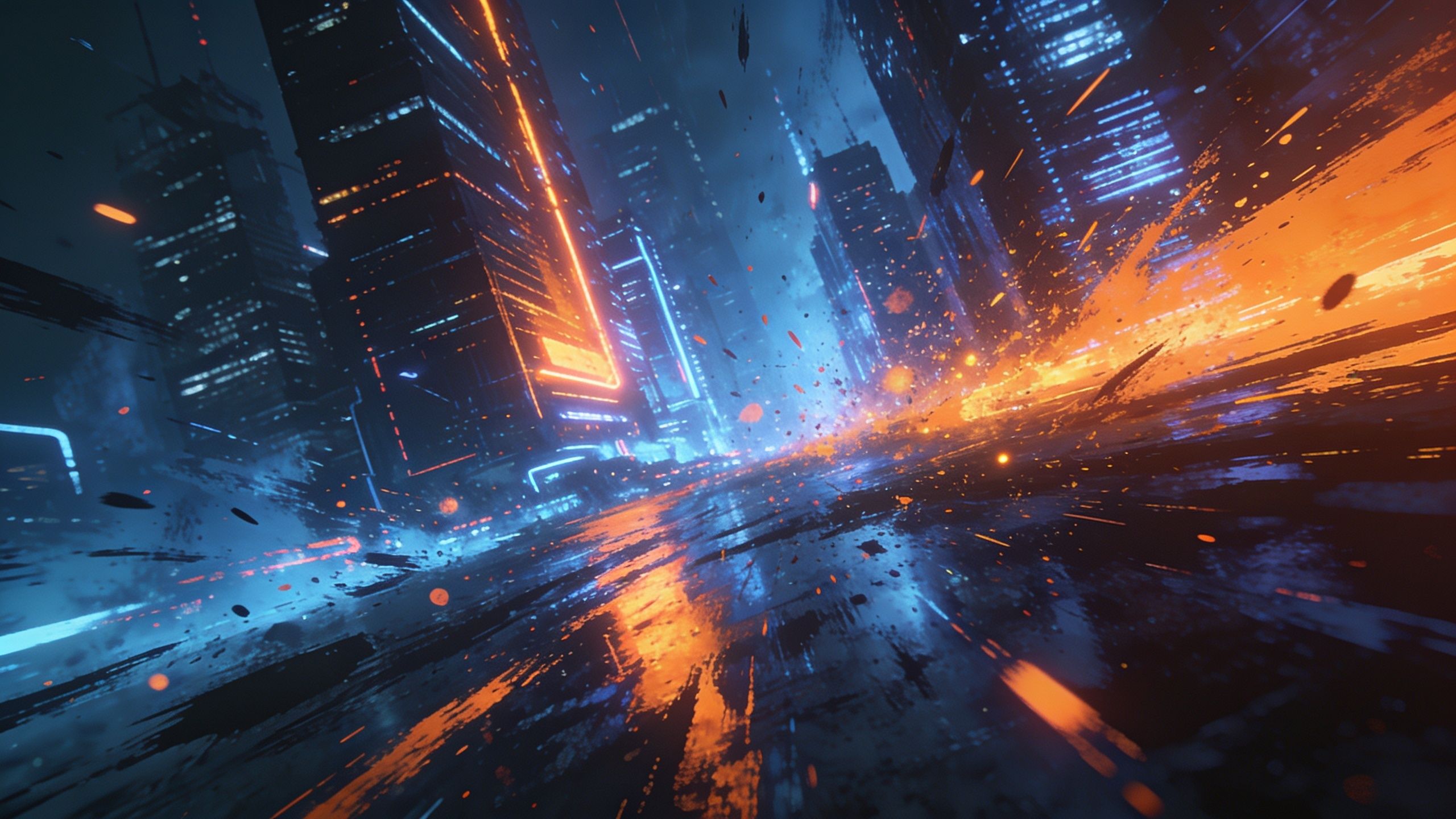 A vibrant futuristic cityscape illuminated by neon blue and orange lights, with dynamic energy streaks creating a sense of motion and excitement against a backdrop of towering skyscrapers.