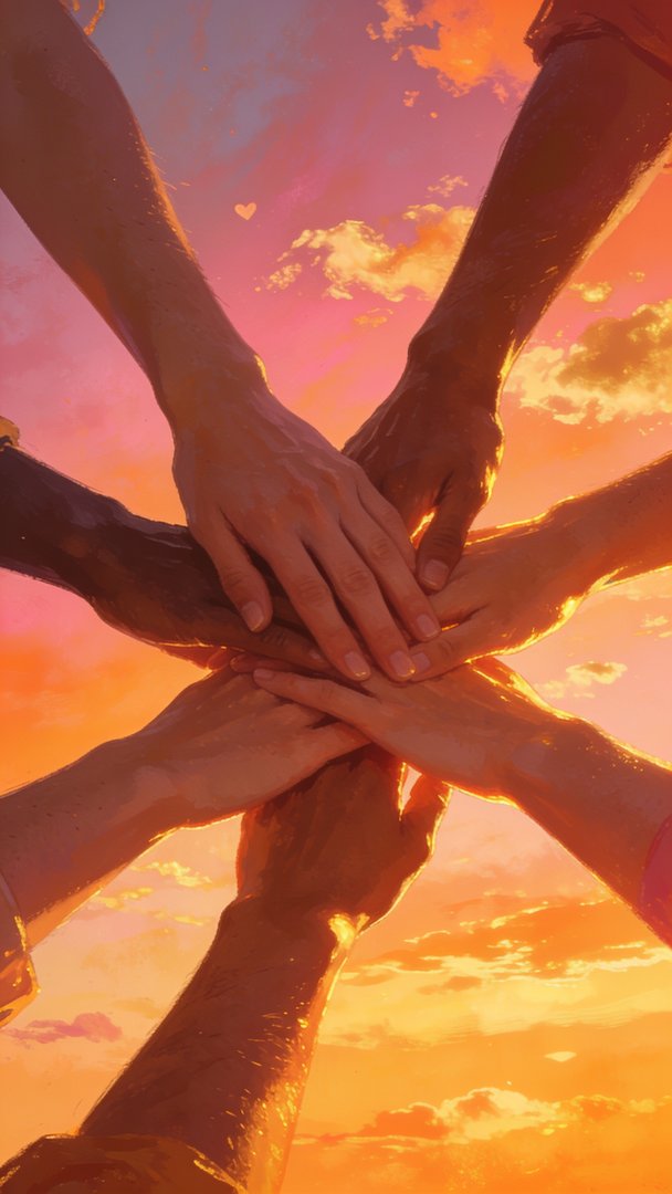 A group of diverse hands join together in a gesture of unity against a vibrant sunset sky, with warm orange and pink hues creating a sense of camaraderie and celebration.