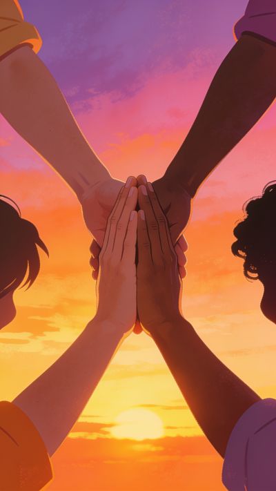 Four hands of diverse skin tones come together in a unified gesture against a vibrant sunset sky, symbolizing unity and friendship. The warm hues of orange and pink create a serene and uplifting atmosphere.