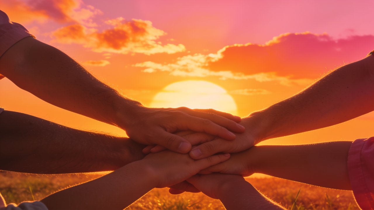 A group of hands gently stack together against a vibrant sunset backdrop, symbolizing unity and friendship. The warm hues of orange and pink in the sky create a serene and hopeful atmosphere.