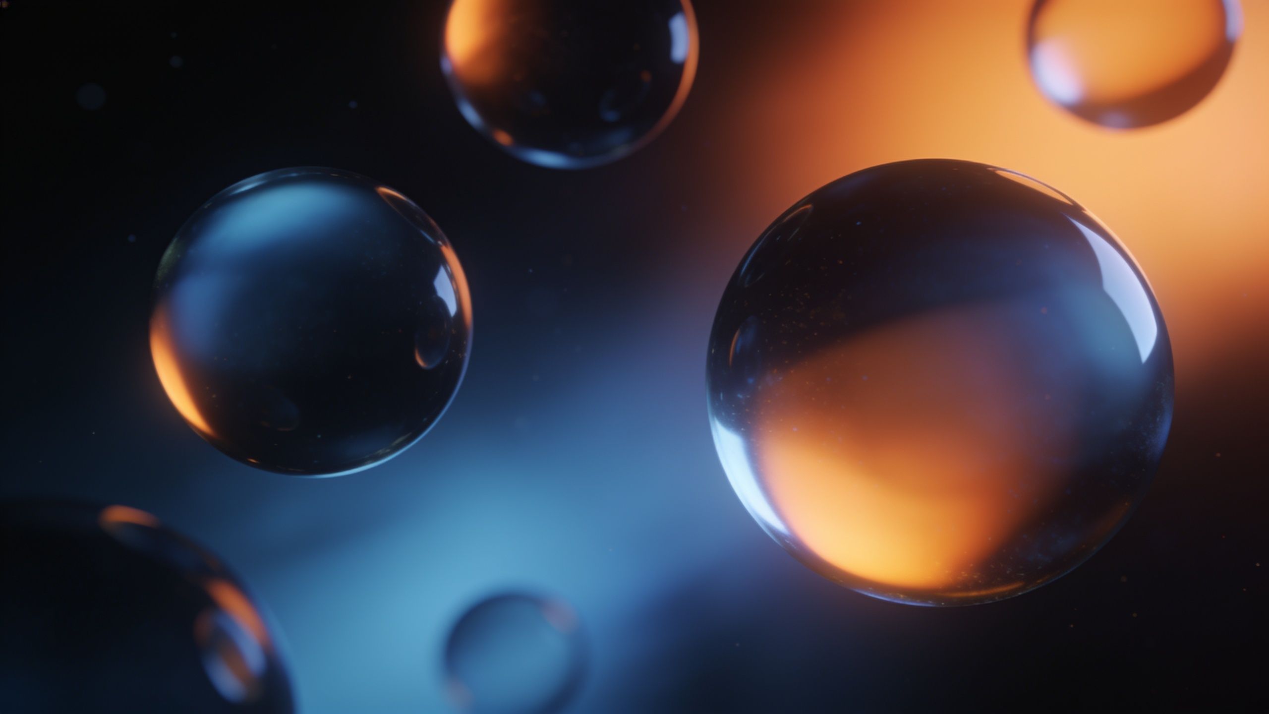 The wallpaper features floating transparent spheres with an ethereal blue and orange glow against a dark background, creating a serene and otherworldly atmosphere.