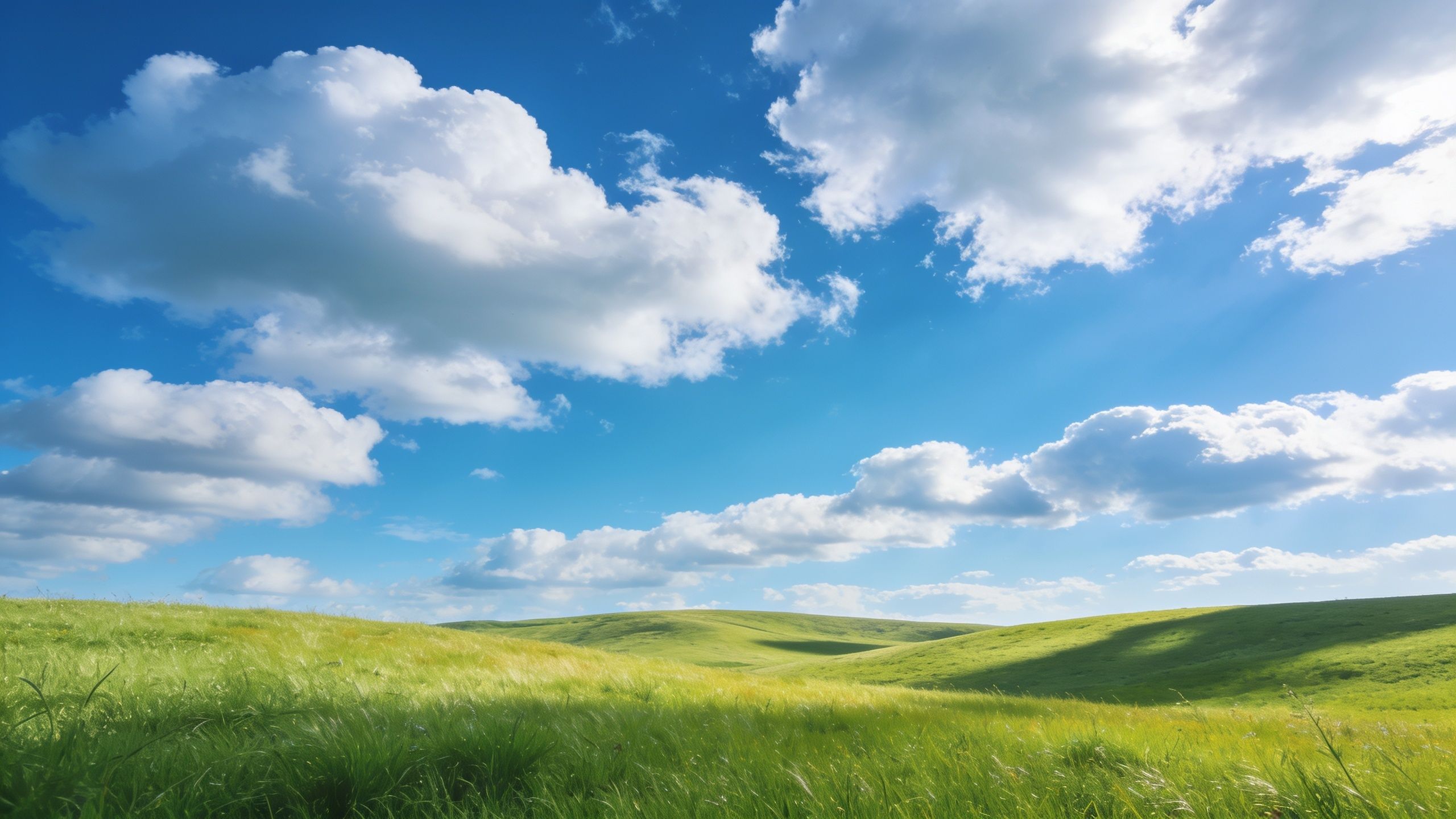 A tranquil landscape of lush green hills stretches under a bright blue sky dotted with fluffy white clouds, creating a peaceful and serene atmosphere.