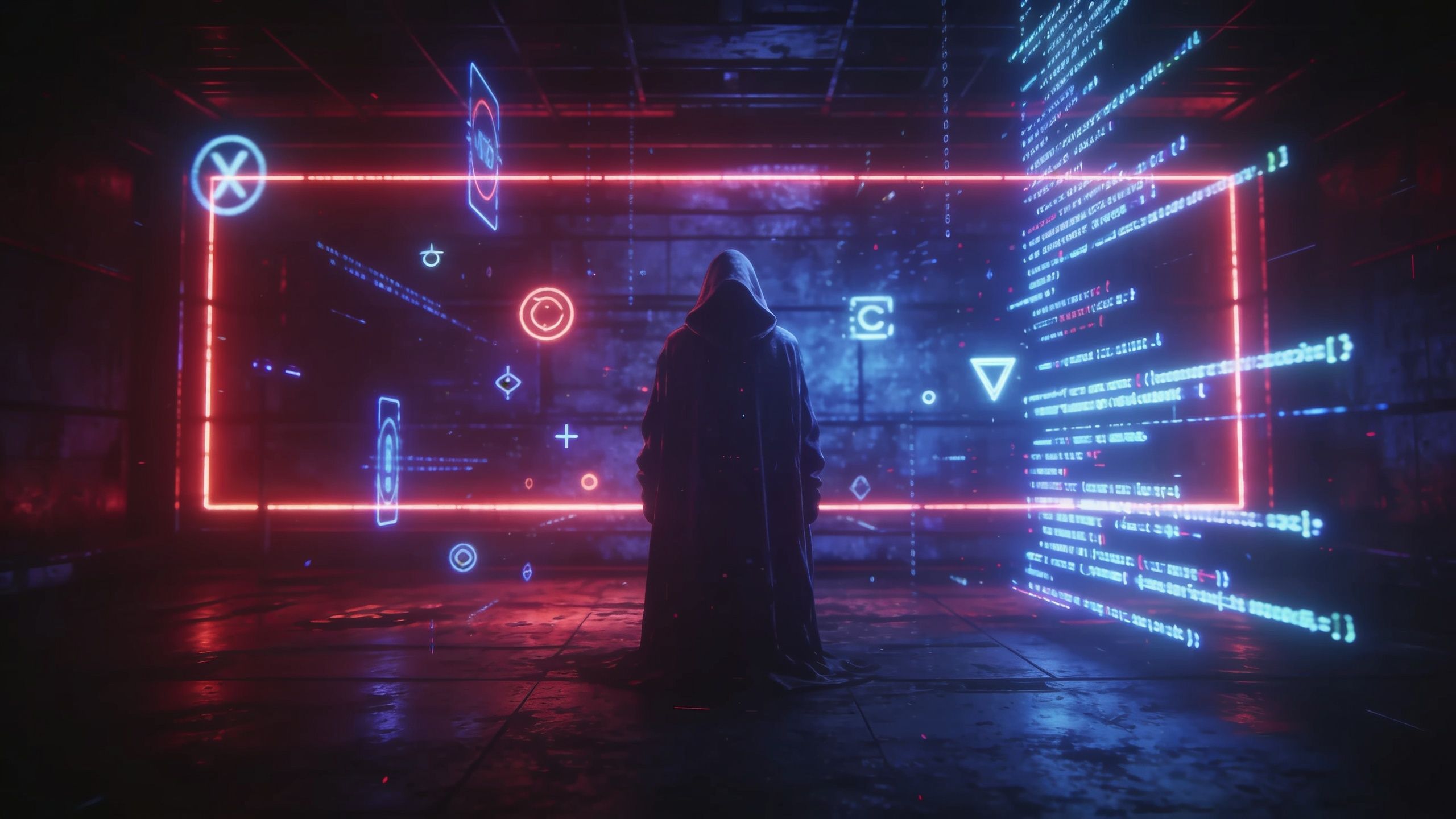 A hooded figure stands in a dimly lit, futuristic room filled with neon lights and digital code projections, creating a mysterious and immersive cyberpunk atmosphere. The scene is bathed in glowing reds and blues, enhancing the enigmatic and high-tech mood.