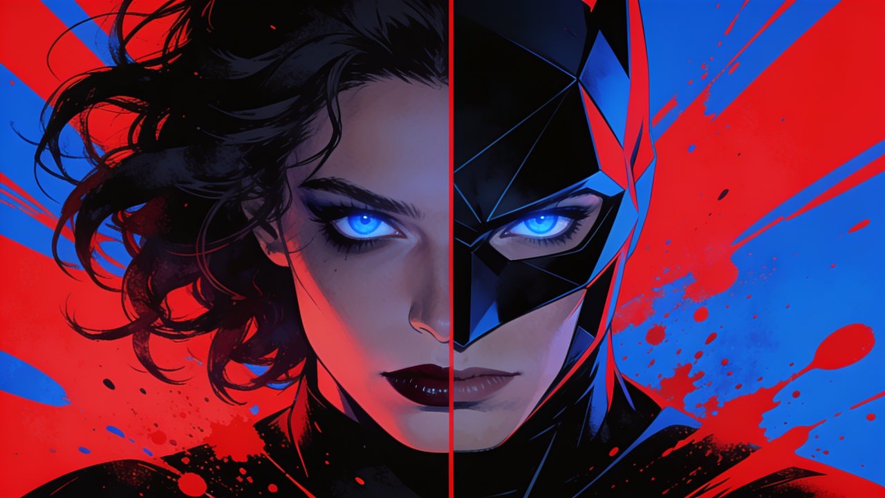 A striking digital artwork features a split portrait of a person, with one side showing a mysterious, intense face with glowing blue eyes and the other side depicting a masked superhero, set against a vibrant red and blue splattered background, creating a dynamic and enigmatic mood.
