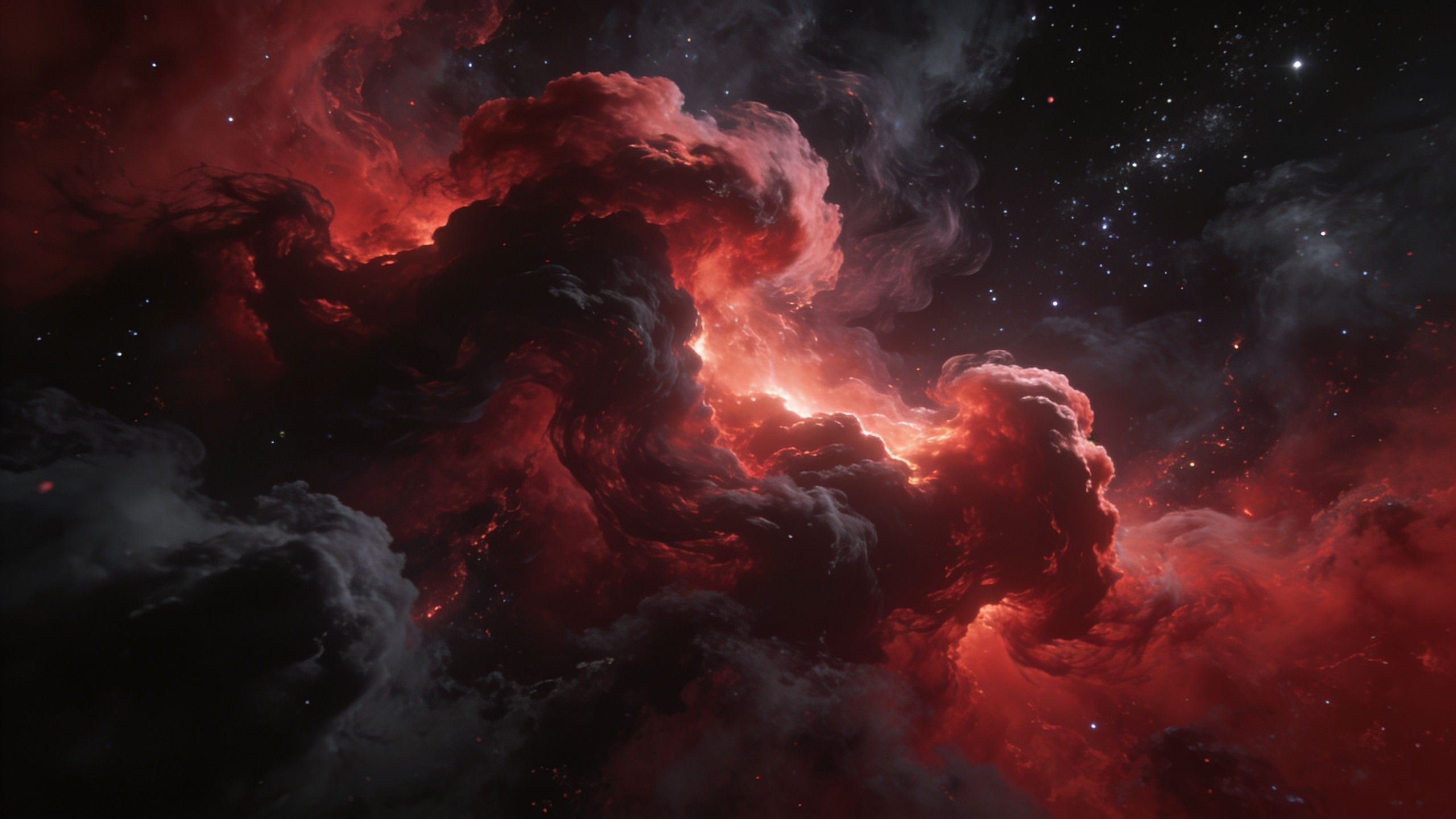 A vibrant cosmic nebula swirls with fiery red and orange hues against the backdrop of deep space, creating a dramatic and awe-inspiring celestial scene. The glowing clouds of gas and dust contrast with the dark void, evoking a sense of mystery and wonder.