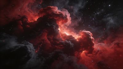 A vibrant cosmic nebula swirls with fiery red and orange hues against the backdrop of deep space, creating a dramatic and awe-inspiring celestial scene. The glowing clouds of gas and dust contrast with the dark void, evoking a sense of mystery and wonder.