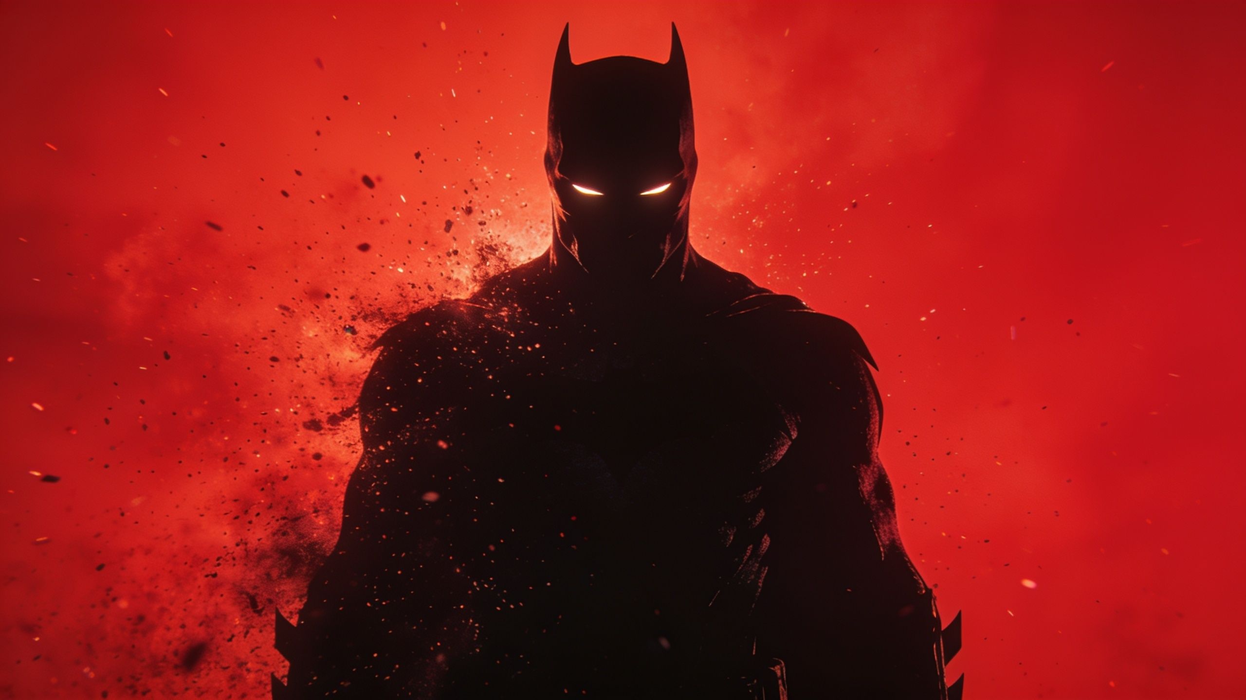 A dark, imposing silhouette of a hero stands against a fiery red background, with glowing eyes and an aura of mystery and power, creating a dramatic and intense mood.