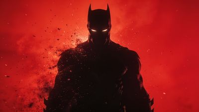 A dark, imposing silhouette of a hero stands against a fiery red background, with glowing eyes and an aura of mystery and power, creating a dramatic and intense mood.