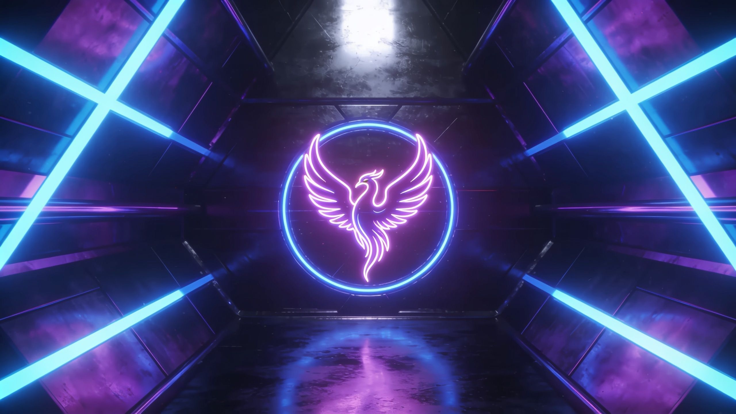 A neon phoenix glows vibrantly in the center of a futuristic tunnel, surrounded by a luminous blue circle, with the tunnel walls reflecting purple and blue lights, creating a dynamic and otherworldly atmosphere.