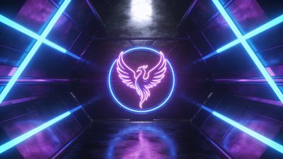 A neon phoenix glows vibrantly in the center of a futuristic tunnel, surrounded by a luminous blue circle, with the tunnel walls reflecting purple and blue lights, creating a dynamic and otherworldly atmosphere.