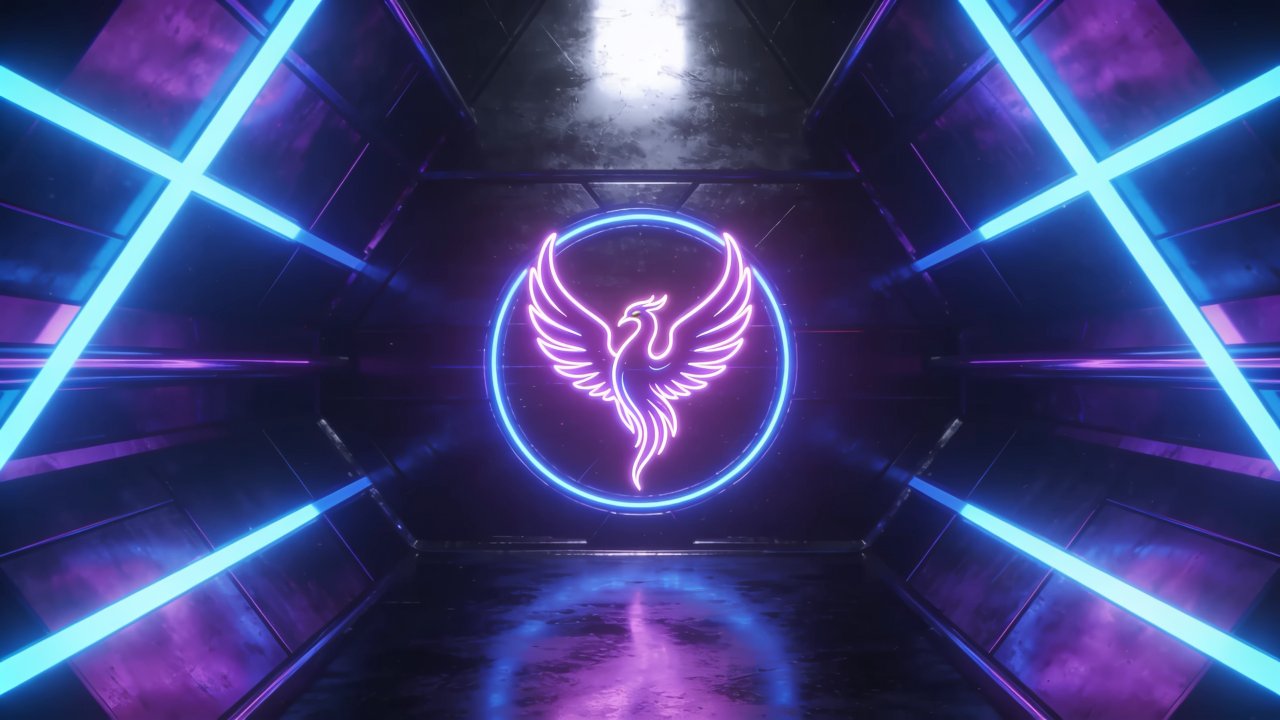 A neon phoenix glows vibrantly in the center of a futuristic tunnel, surrounded by a luminous blue circle, with the tunnel walls reflecting purple and blue lights, creating a dynamic and otherworldly atmosphere.