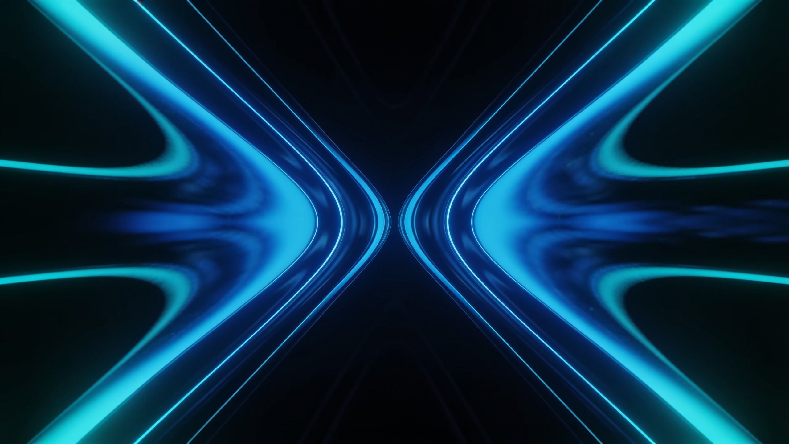 A dynamic display of blue neon light waves creates a symmetrical, futuristic pattern against a dark background, evoking a sense of motion and modernity.