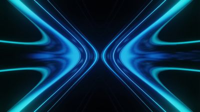 A dynamic display of blue neon light waves creates a symmetrical, futuristic pattern against a dark background, evoking a sense of motion and modernity.