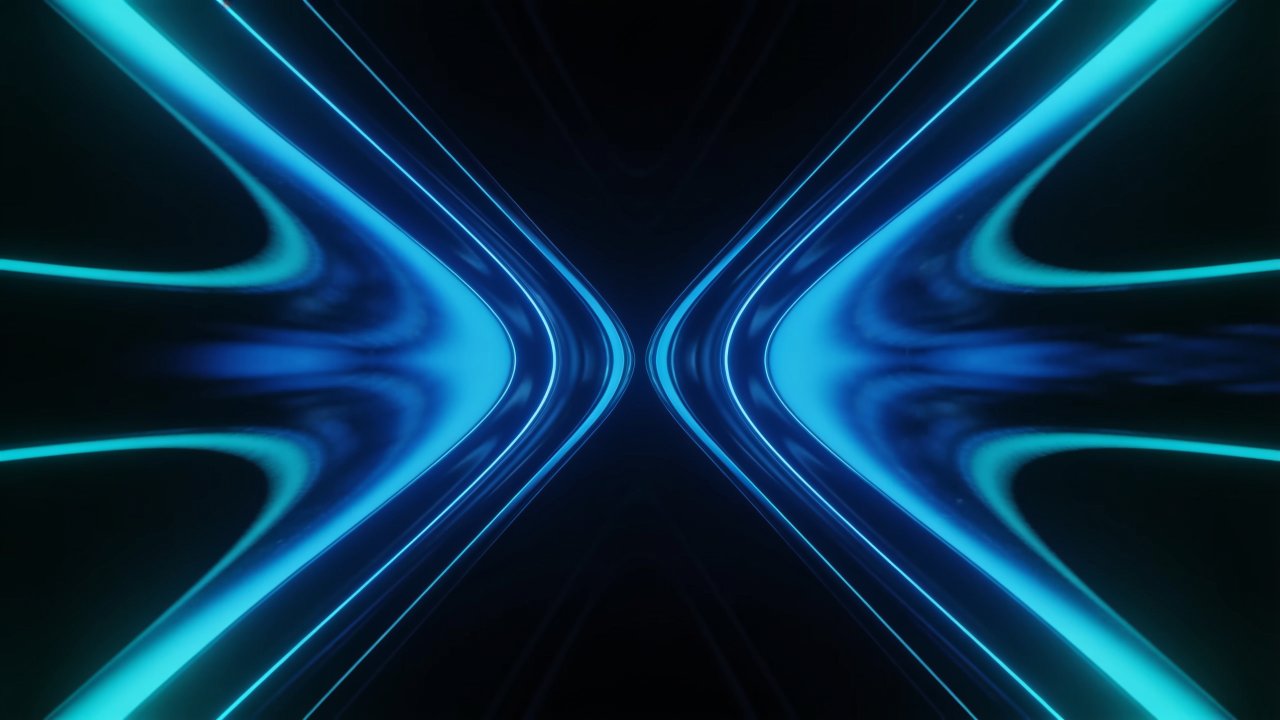 A dynamic display of blue neon light waves creates a symmetrical, futuristic pattern against a dark background, evoking a sense of motion and modernity.