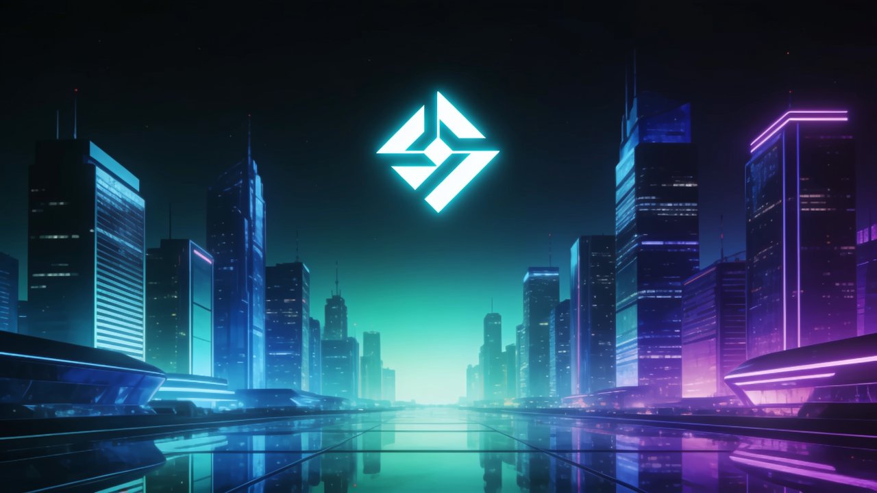 A vibrant, futuristic cityscape at night features towering skyscrapers illuminated with neon blue and purple lights, reflecting on a glossy surface, creating a sleek and dynamic atmosphere. A glowing geometric symbol hovers in the sky, enhancing the sci-fi mood.