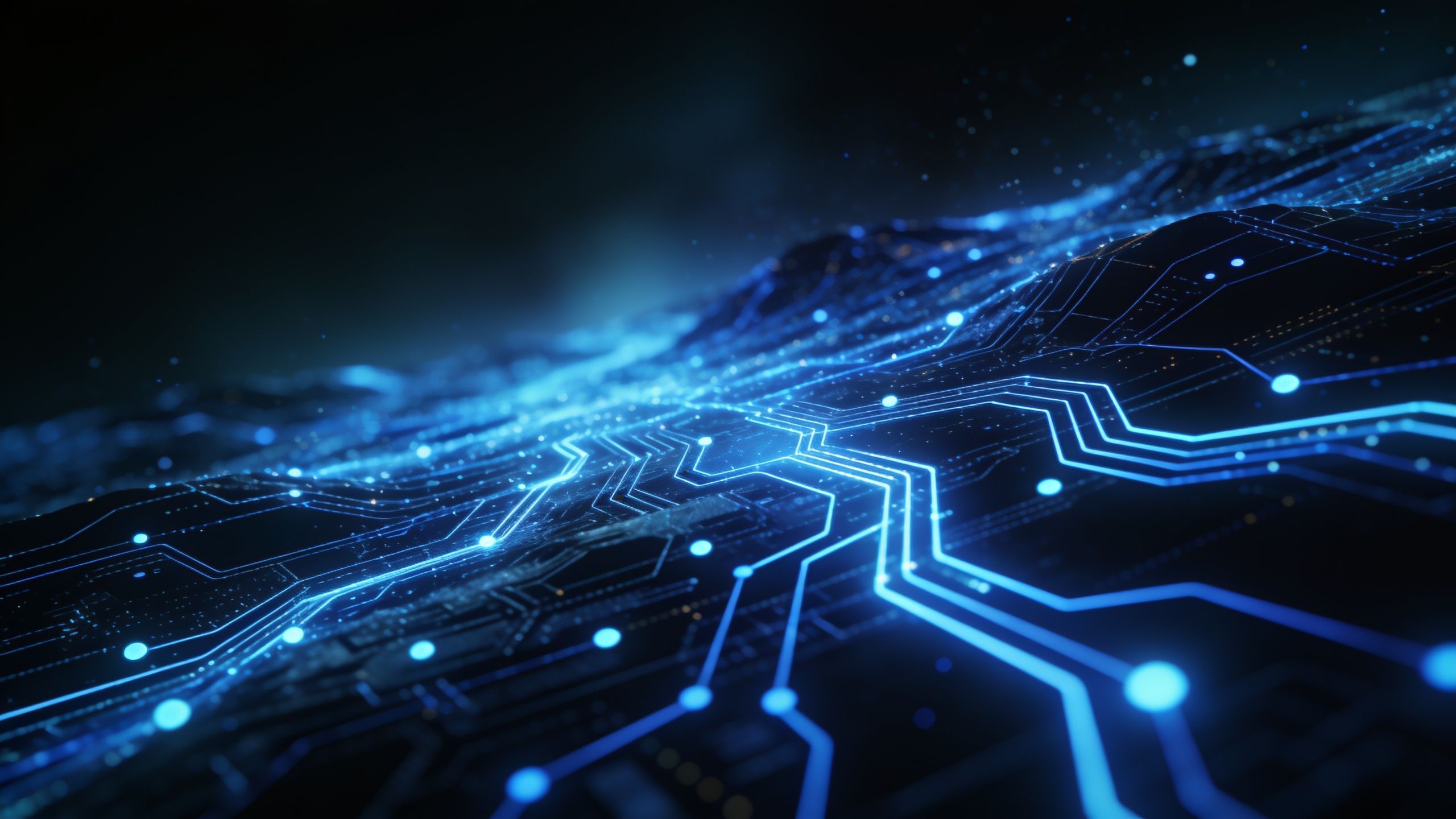 A luminous blue circuit board stretches across the image, resembling a futuristic landscape with glowing pathways and nodes, set against a dark, starry background, creating a high-tech and immersive atmosphere.