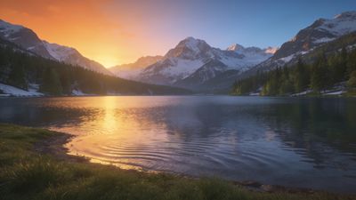 A tranquil mountain lake reflects the vibrant hues of a sunset, with snow-capped peaks and lush pine forests framing the scene, creating a peaceful and serene atmosphere.