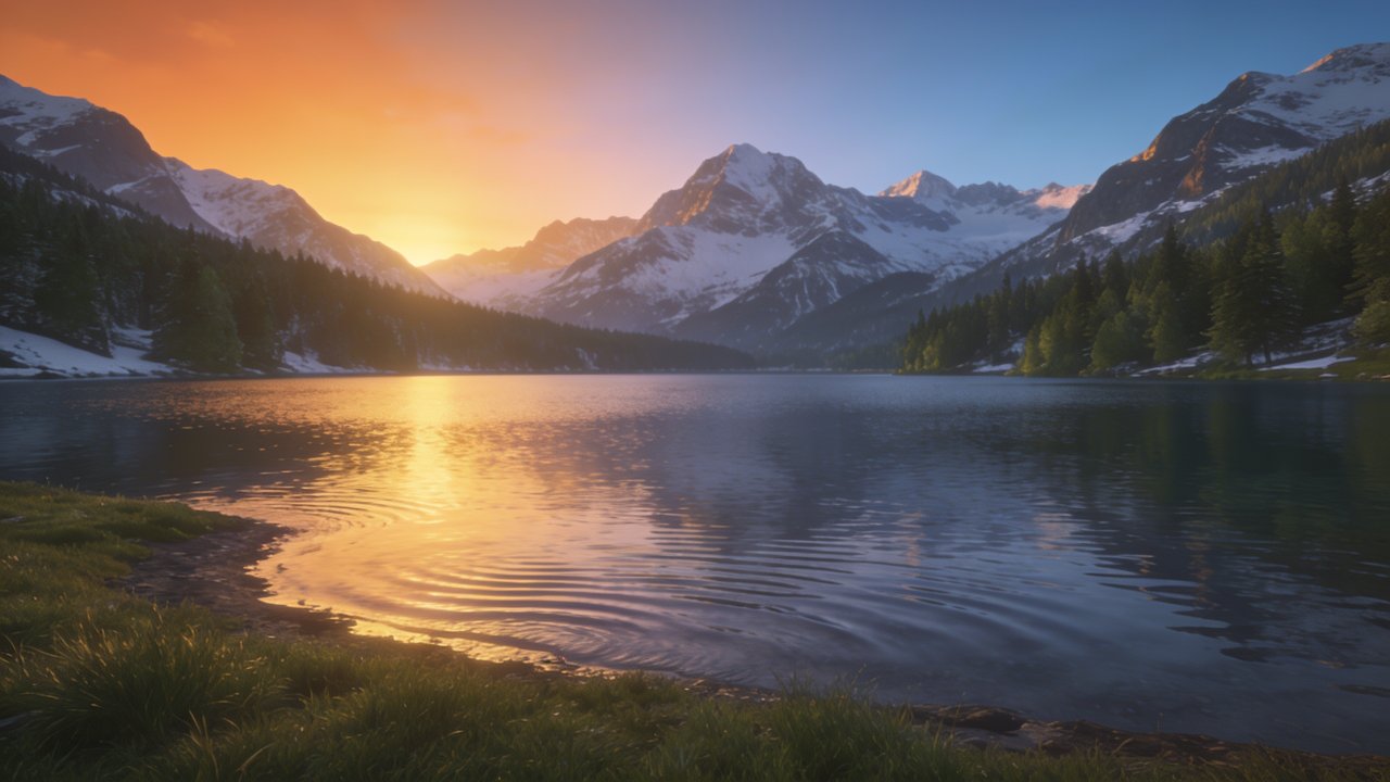 A tranquil mountain lake reflects the vibrant hues of a sunset, with snow-capped peaks and lush pine forests framing the scene, creating a peaceful and serene atmosphere.