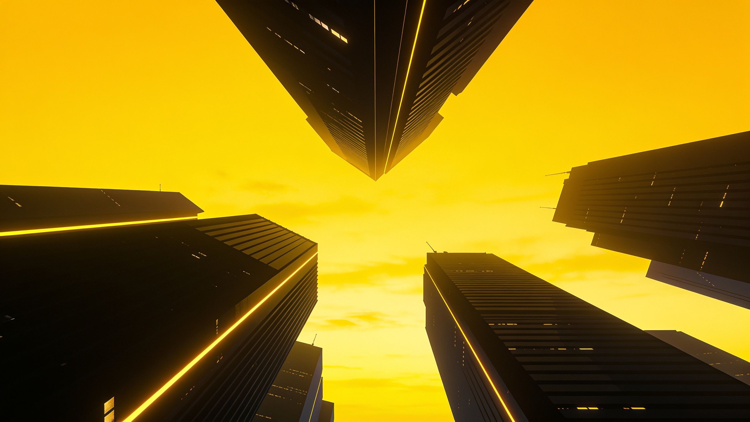 Skyscrapers are silhouetted against a vibrant golden sky at sunset, creating a dramatic and serene urban scene. The buildings rise majestically, emphasizing the contrast between the dark structures and the warm, glowing sky.