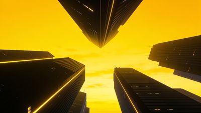 Skyscrapers are silhouetted against a vibrant golden sky at sunset, creating a dramatic and serene urban scene. The buildings rise majestically, emphasizing the contrast between the dark structures and the warm, glowing sky.