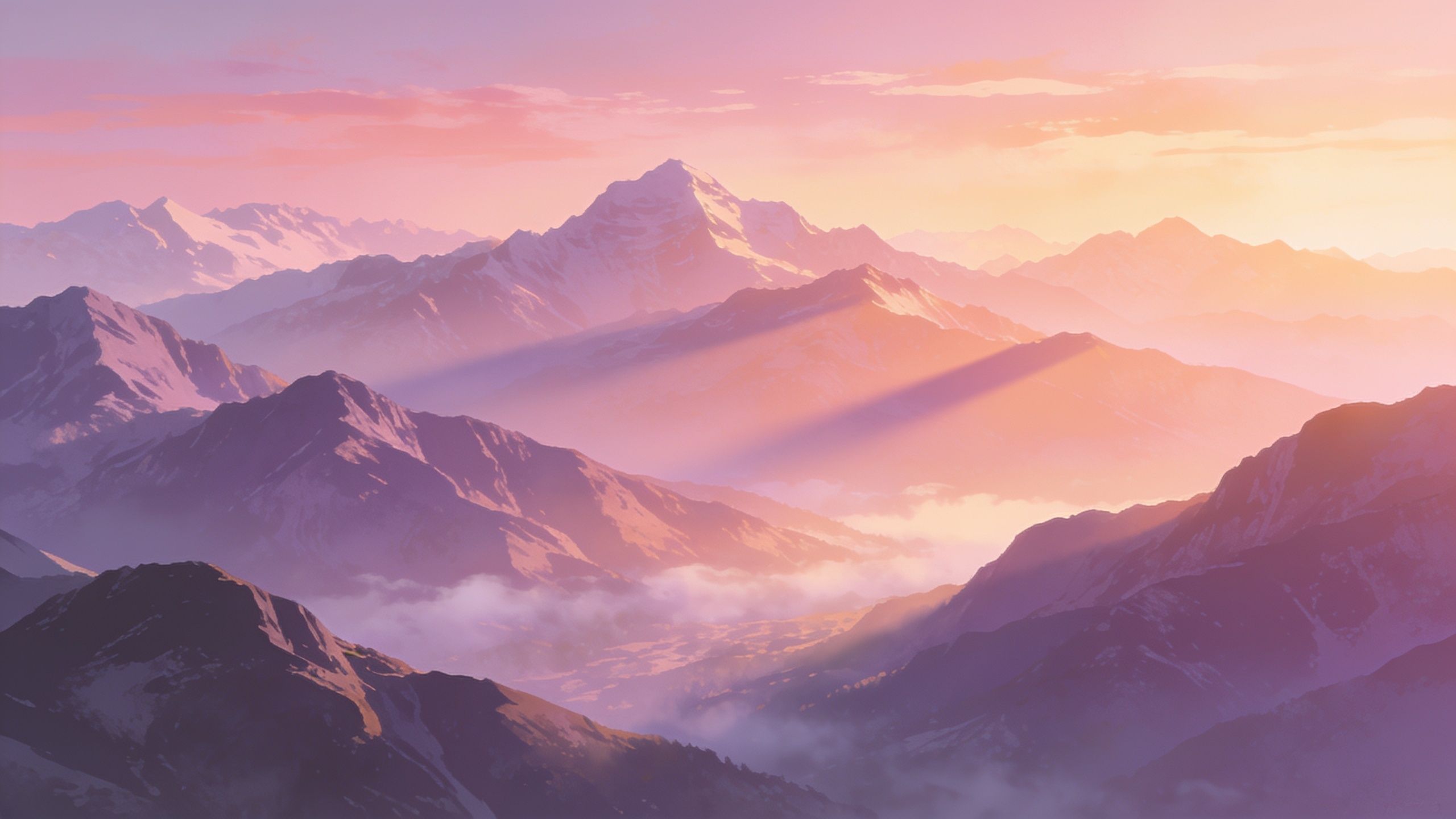 A serene mountain landscape at sunrise features misty peaks bathed in soft pink and orange hues, creating a tranquil and ethereal atmosphere. The sunlight casts gentle shadows across the rugged terrain, enhancing the peaceful mood of the scene.