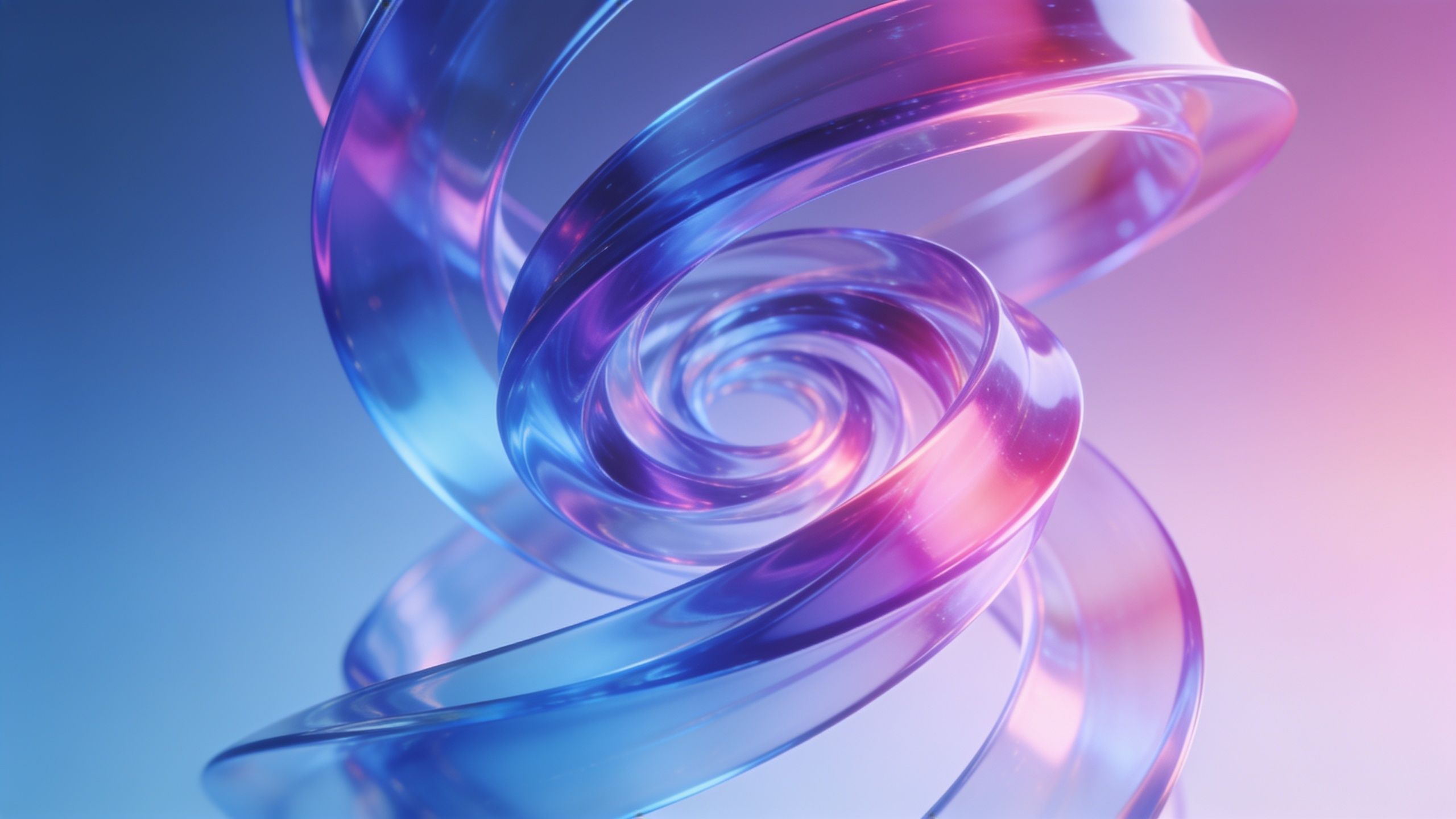 A dynamic swirl of vibrant glass ribbons in shades of blue, pink, and purple creates a sense of motion and fluidity against a soft gradient background, evoking a mood of elegance and creativity.