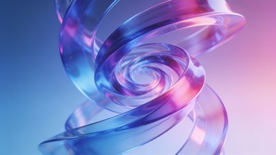 A dynamic swirl of vibrant glass ribbons in shades of blue, pink, and purple creates a sense of motion and fluidity against a soft gradient background, evoking a mood of elegance and creativity.