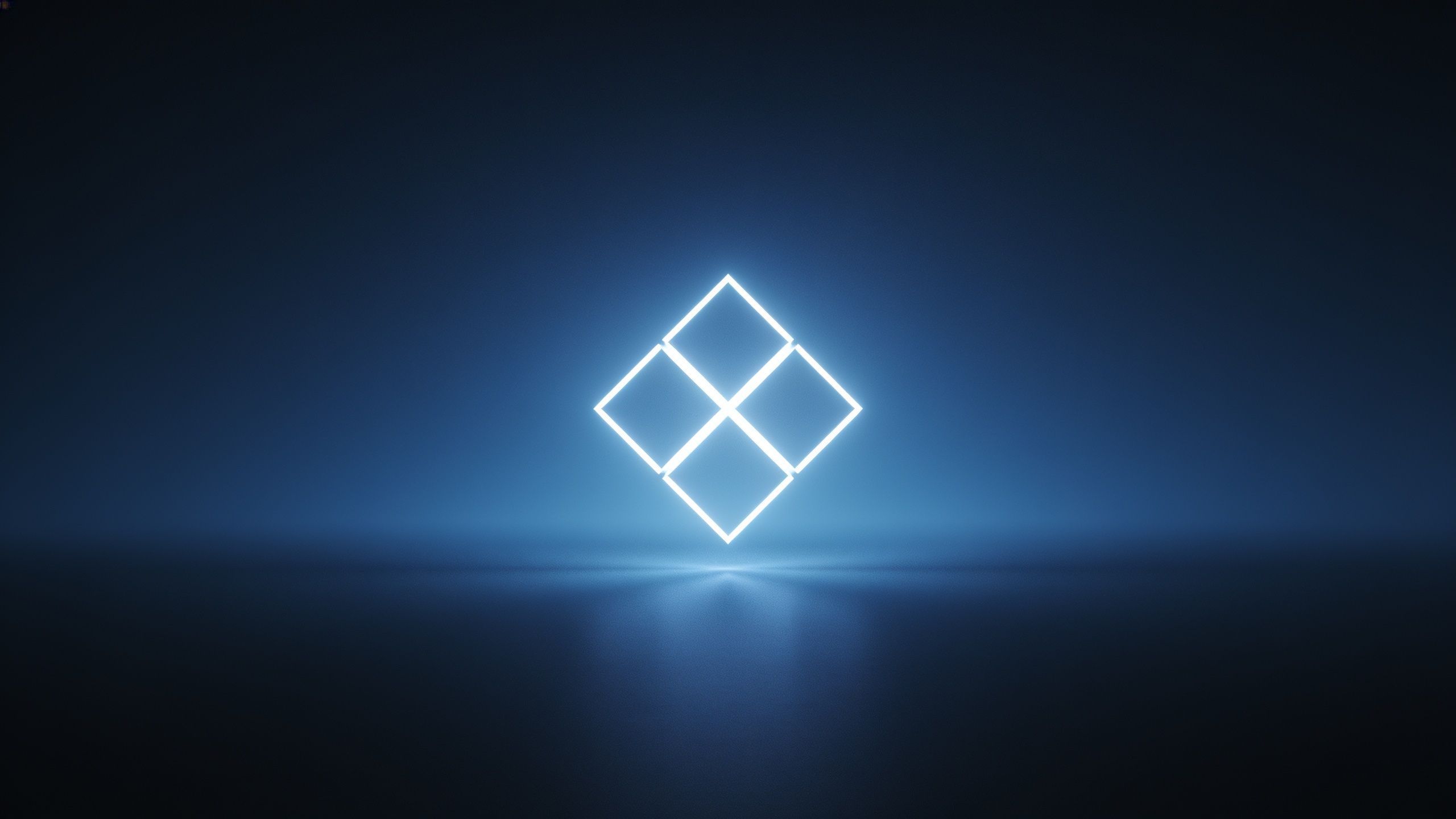 A glowing geometric shape composed of four interconnected squares emits a bright white light against a dark blue gradient background, creating a futuristic and serene atmosphere.