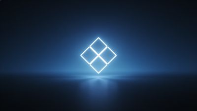 A glowing geometric shape composed of four interconnected squares emits a bright white light against a dark blue gradient background, creating a futuristic and serene atmosphere.