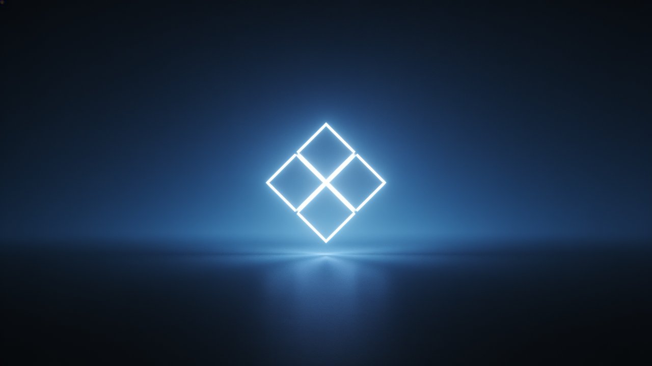 A glowing geometric shape composed of four interconnected squares emits a bright white light against a dark blue gradient background, creating a futuristic and serene atmosphere.