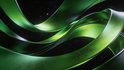 A series of smooth, flowing green waves gracefully curve and intertwine against a backdrop of a starry cosmic space, creating a serene and otherworldly atmosphere.