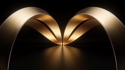 The wallpaper features elegant golden arcs gracefully curving against a dark background, creating a sophisticated and luxurious atmosphere. The smooth, reflective surface enhances the arcs' shimmering effect, adding depth and a sense of modern elegance.