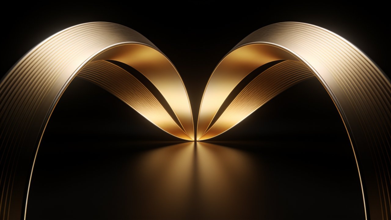 The wallpaper features elegant golden arcs gracefully curving against a dark background, creating a sophisticated and luxurious atmosphere. The smooth, reflective surface enhances the arcs' shimmering effect, adding depth and a sense of modern elegance.