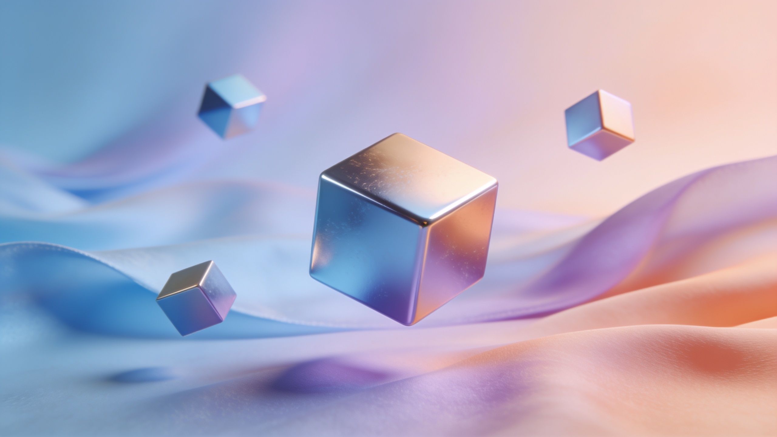 Floating metallic cubes hover above soft, pastel-colored waves, creating a serene and futuristic atmosphere.