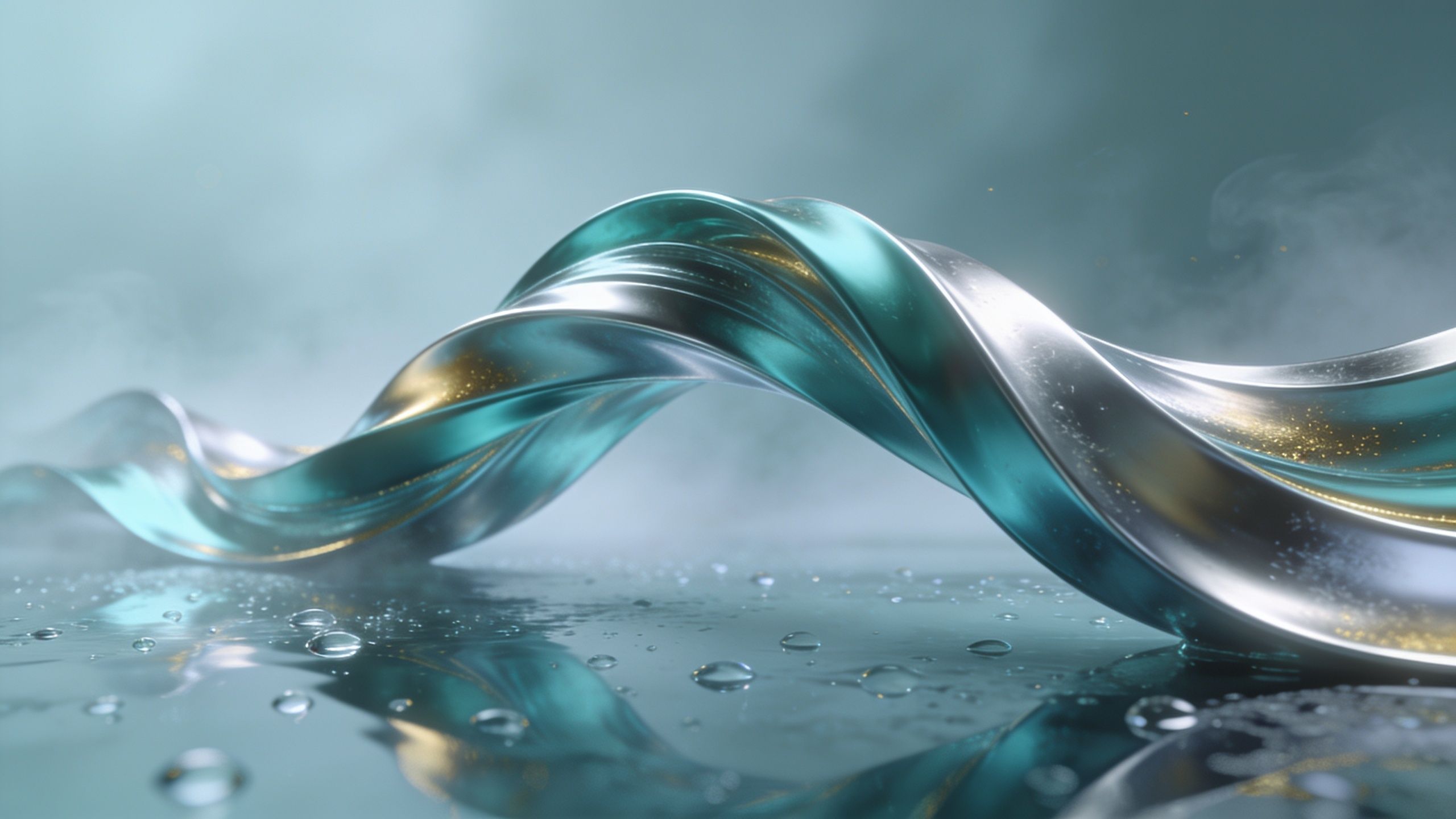 A flowing metallic ribbon with teal and silver hues twists elegantly across a misty background, adorned with shimmering water droplets, creating a serene and sophisticated atmosphere.